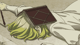 Personnage effondré de fatigue sur une pile de livres